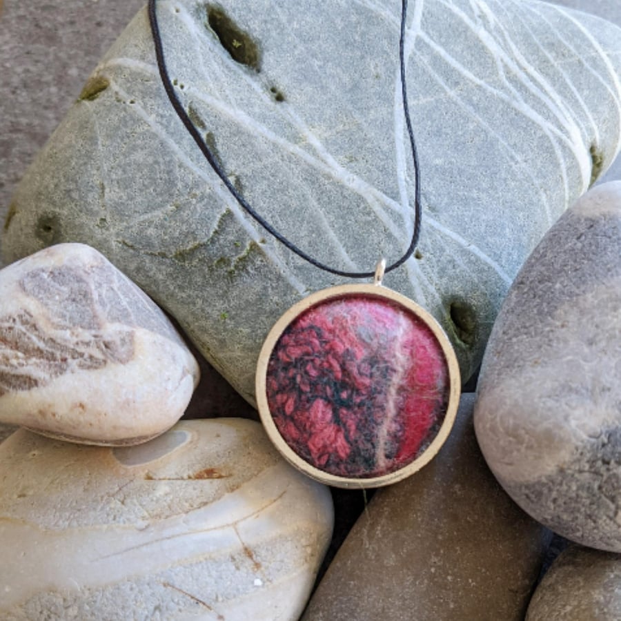 Felted pendant - pink, red and green