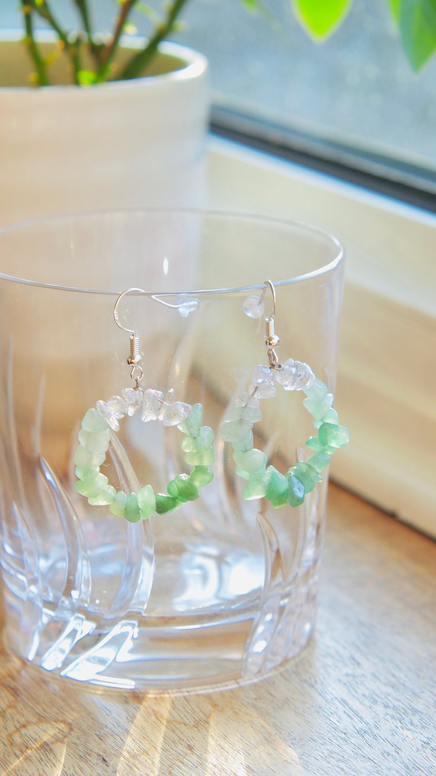 Green Aventurine Grade A Chip Beads, Clear White Quartz Earrings 
