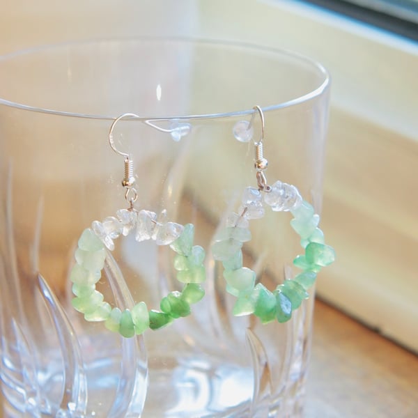Green Aventurine Grade A Chip Beads, Clear White Quartz Earrings 