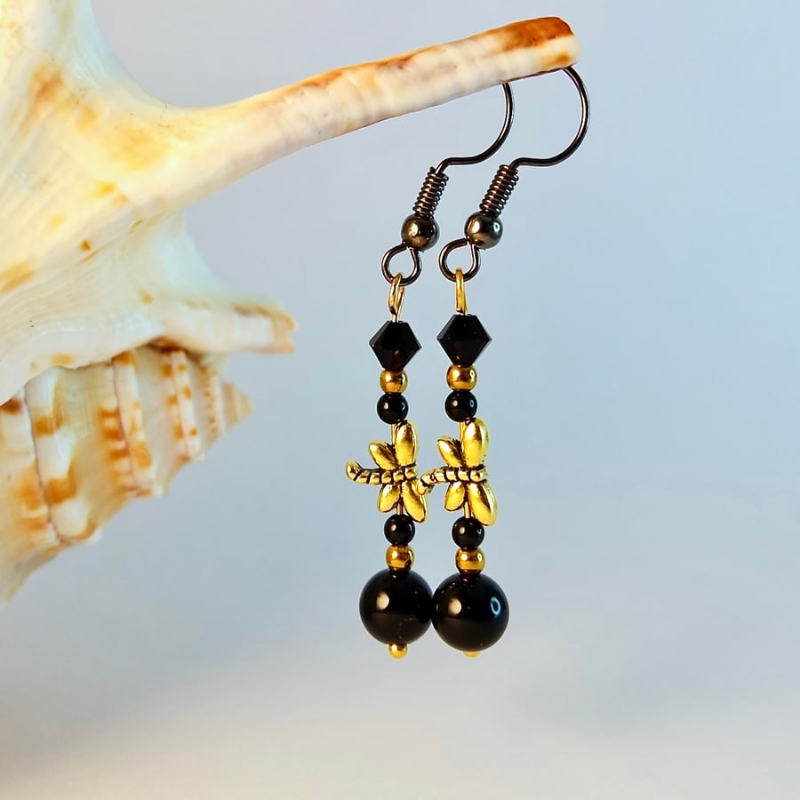 Black Onyx Earrings With Gold Dragonflies - Birthday, Anniversary, Gifts For Her