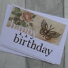 Brown Butterfly and Vintage Rose Paper - Happy Birthday - Greetings Card