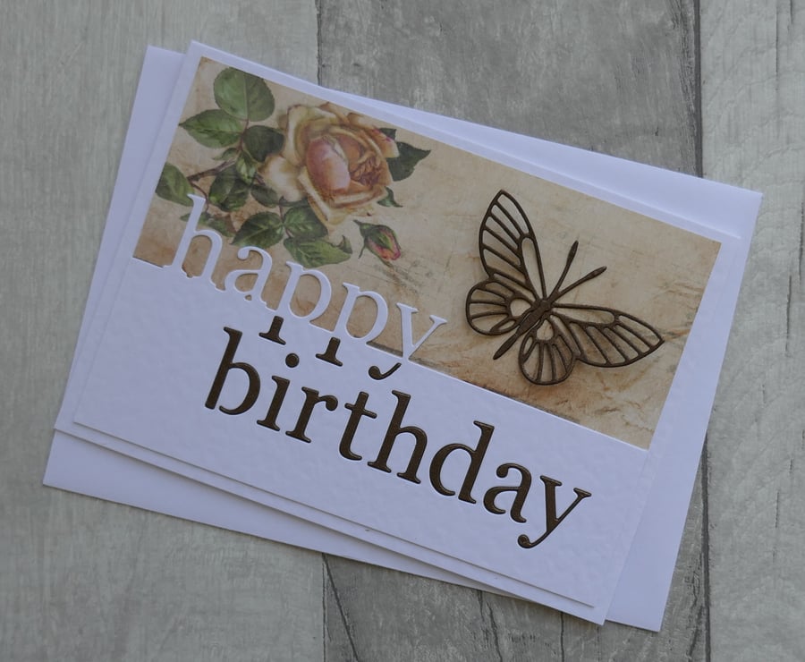 Brown Butterfly and Vintage Rose Paper - Happy Birthday - Greetings Card