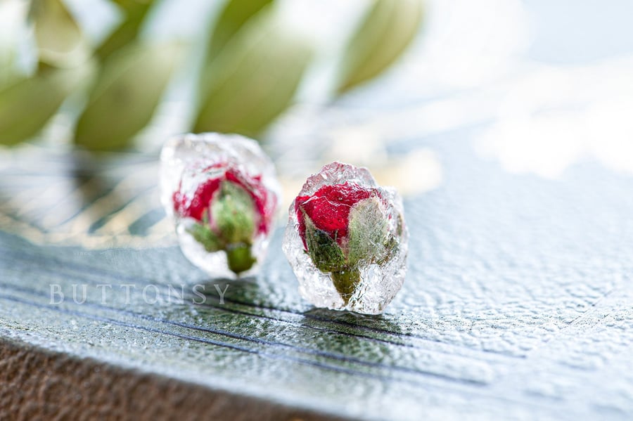 Rose Ear rings Frozen Red Rose Earrings Botanical Jewellery Pressed Flowers Resi