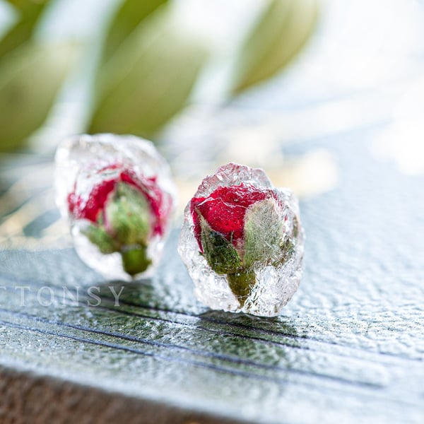 Rose Ear rings Frozen Red Rose Earrings Botanical Jewellery Pressed Flowers Resi