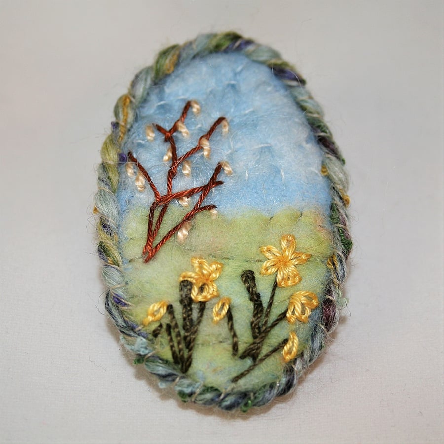 Daffodils and Catkins - Embroidered Felted Brooch