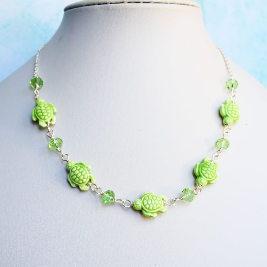Green Ceramic Sea Turtle Necklace, Summer Jewellery