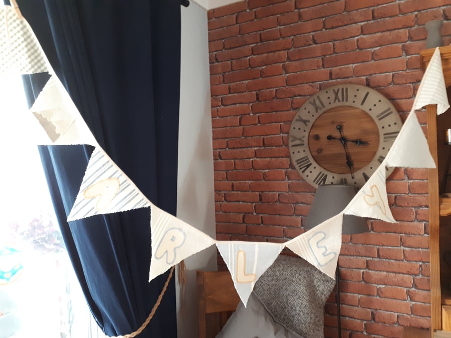 Personalised Nursery Children's room Bunting - Linen Flag appliquéd letter's