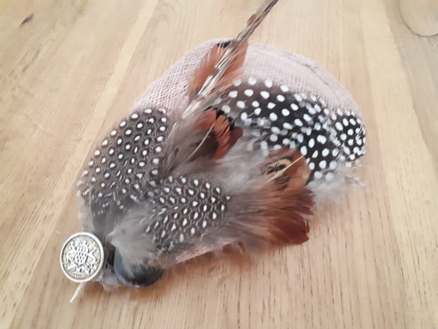 Pheasant and Guinea Fowl Feather Latte Teardrop Fascinator, Races Hat