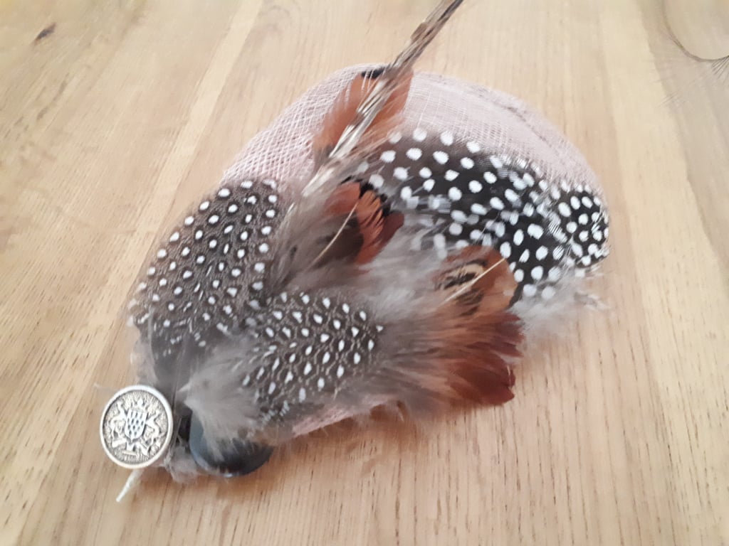 Pheasant and Guinea Fowl Feather Latte Teardrop Fascinator, Races Hat