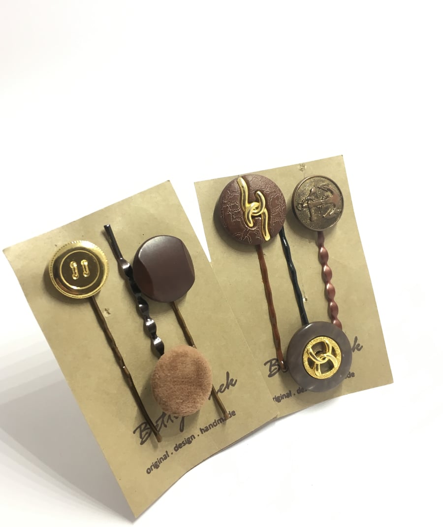 HALF PRICE . Twin Packs Of 6 . Handmade Vintage Buttons Bobby Pins 