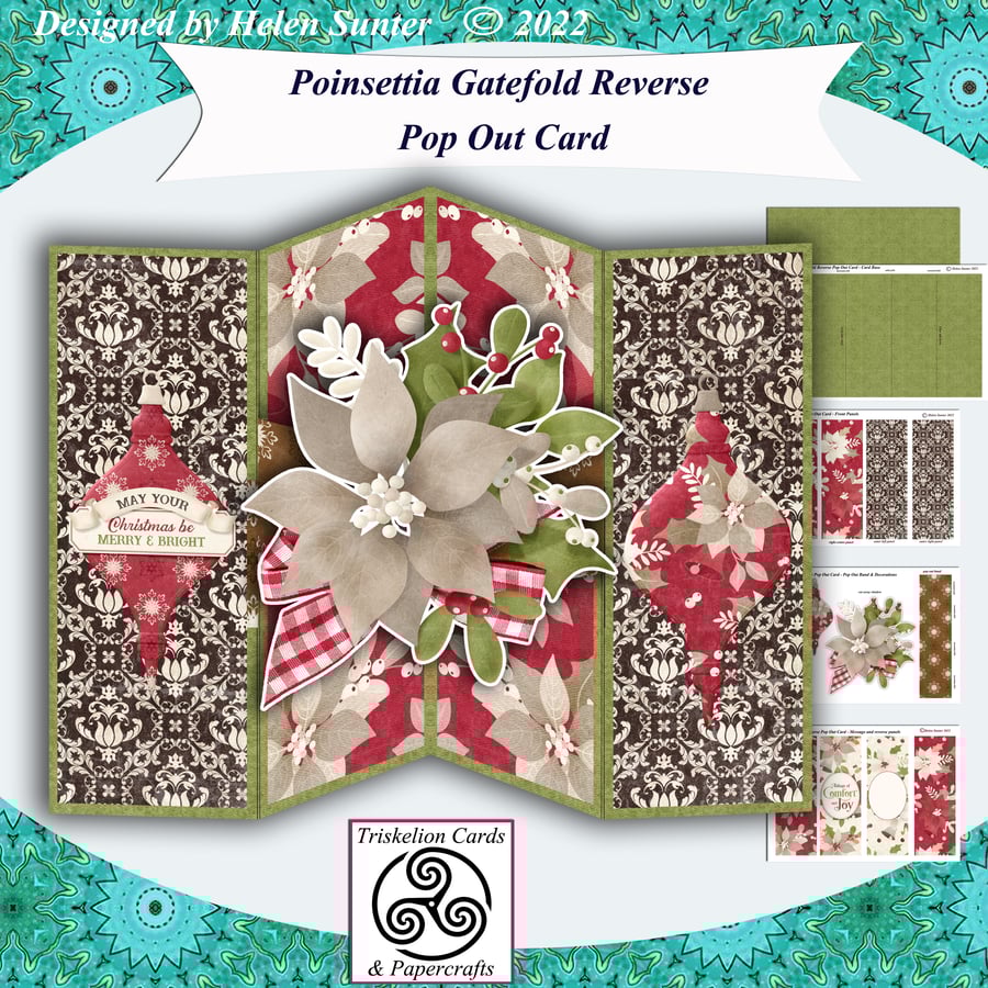 Printable Poinsettia Gatefold Reverse Pop Out Christmas Card Making Kit Digital 