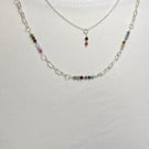 Set of 2 layering chain necklaces with multicoloured faceted gemstones