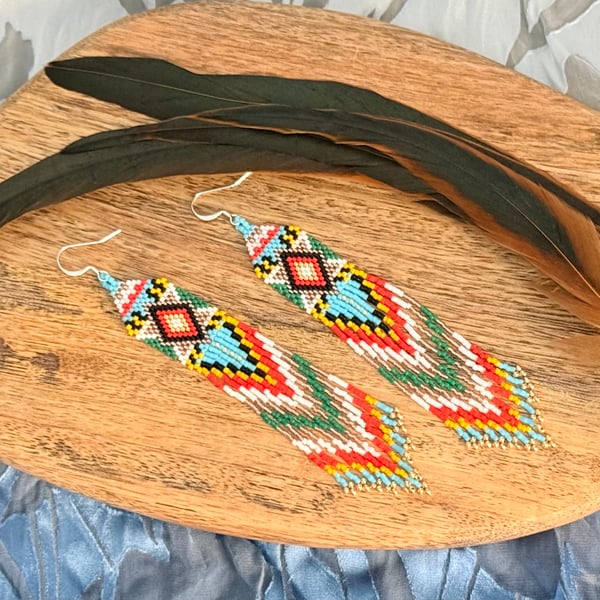 Colourful Aztec inspired beadwork fringe earrings