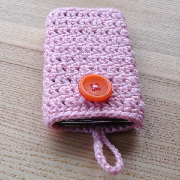 Crochet Mobile Phone Cozy with Button in Peach