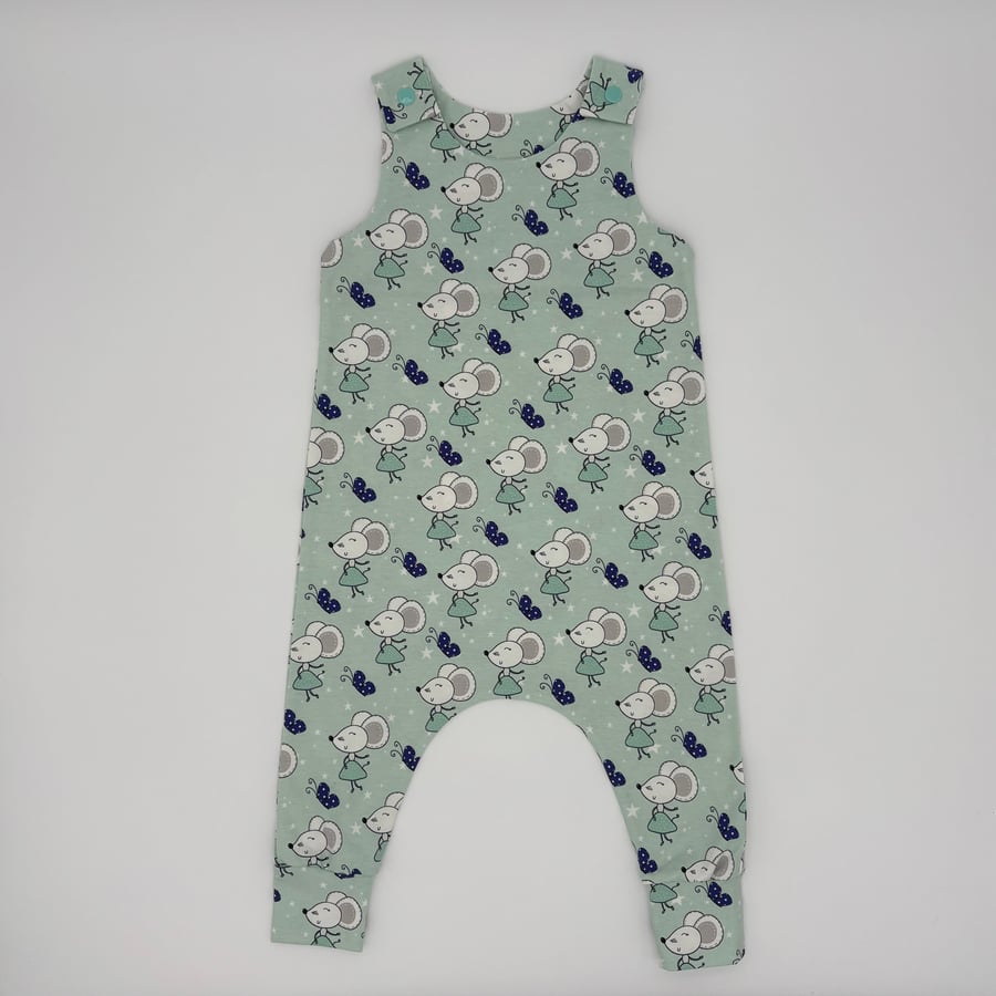 Mouse handmade dungarees, (9-12 or 12-18 months), on a light green background