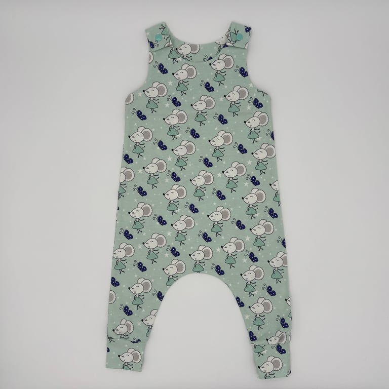 Mouse handmade dungarees, (9-12 or 12-18 months), on a light green background