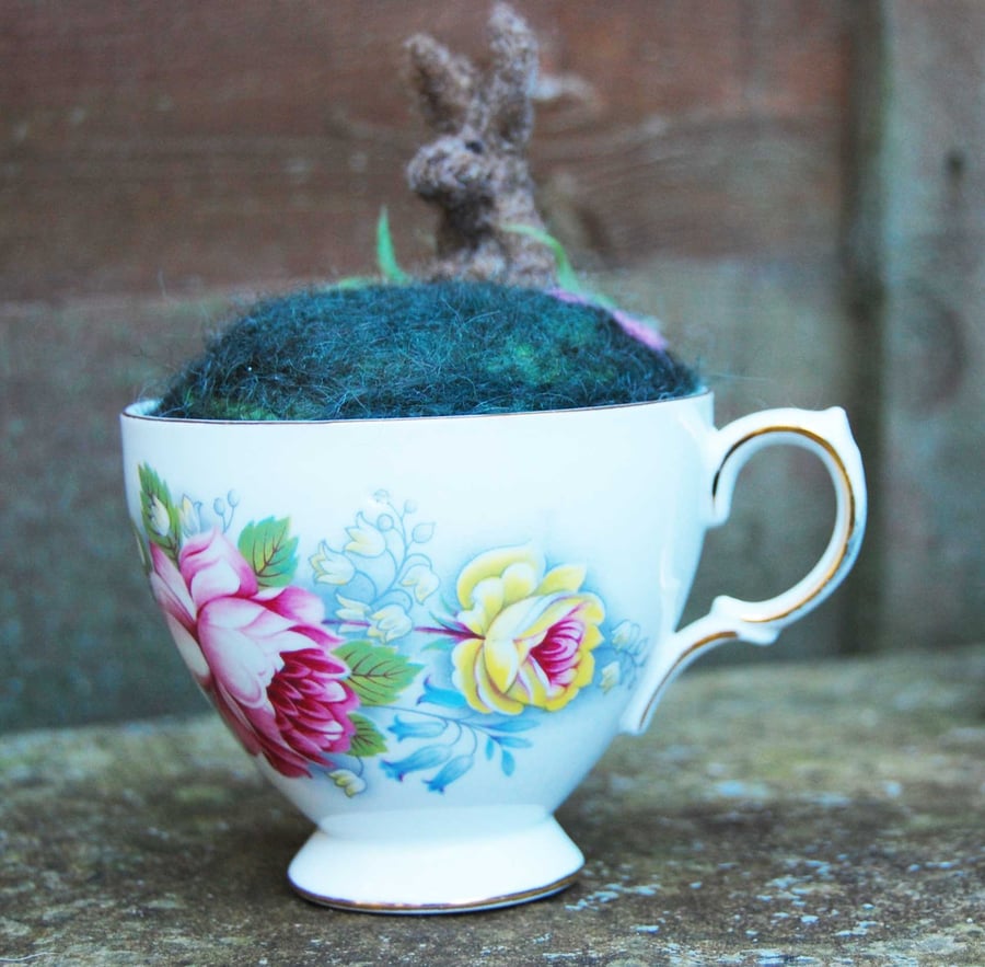 Needle felted Pincushion in Vintage teacup