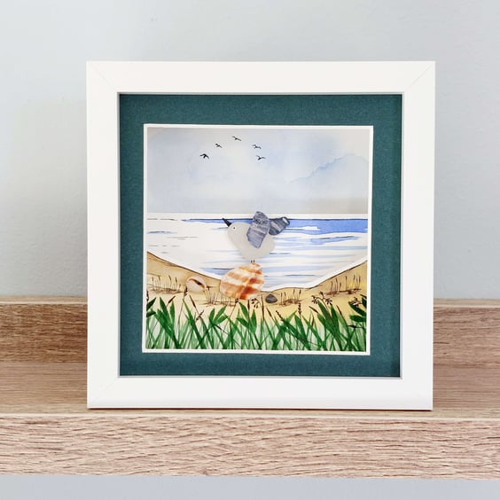 Seagull Desk Art - Original Watercolour - Framed Beach Glass Gift for Friends