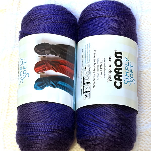 2 Balls x 170g CARON Simply Soft Yarn : Purple 100% Acrylic