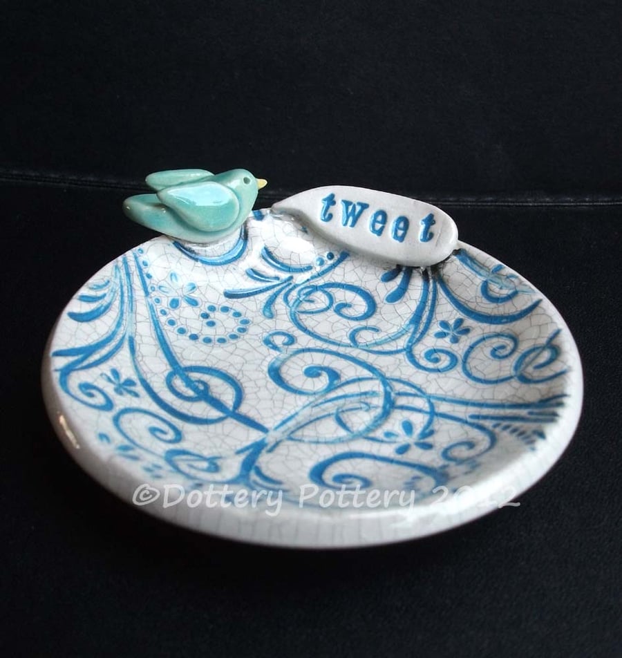 little blue ceramic bird dish tweet