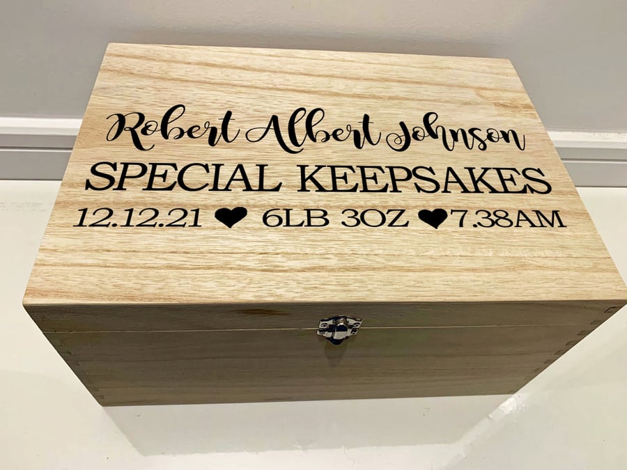Large Personalised Engraved Wooden Baby Keepsake Box with Hearts