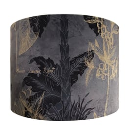 Handmade Grey Velvet Fabric Lampshades with Black and Gold Leaf & Script Design