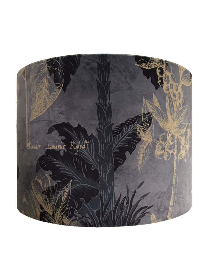 Handmade Grey Velvet Fabric Lampshades with Black and Gold Leaf & Script Design