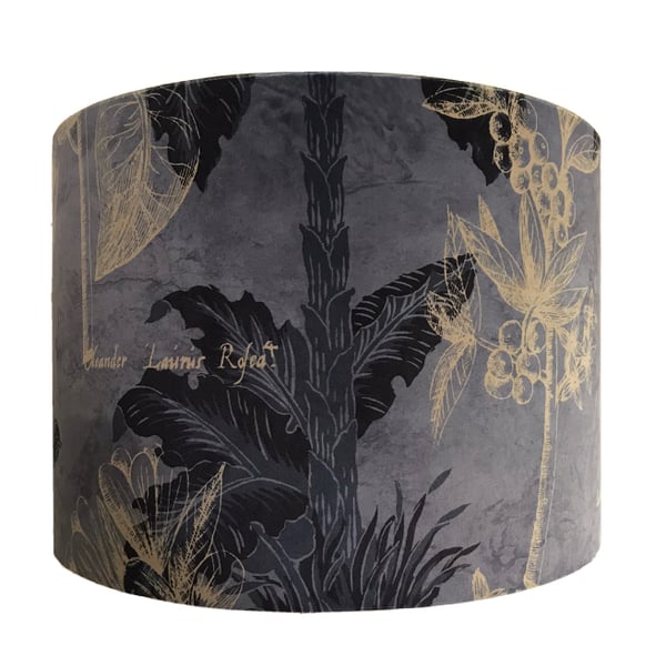 Handmade Grey Velvet Fabric Lampshades with Black and Gold Leaf & Script Design