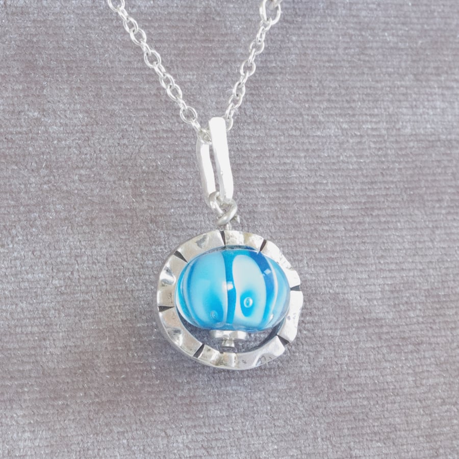 Sea Urchin Pendant Handcarved Sterling Silver Blue Striped Bubble Lampwork Bead 