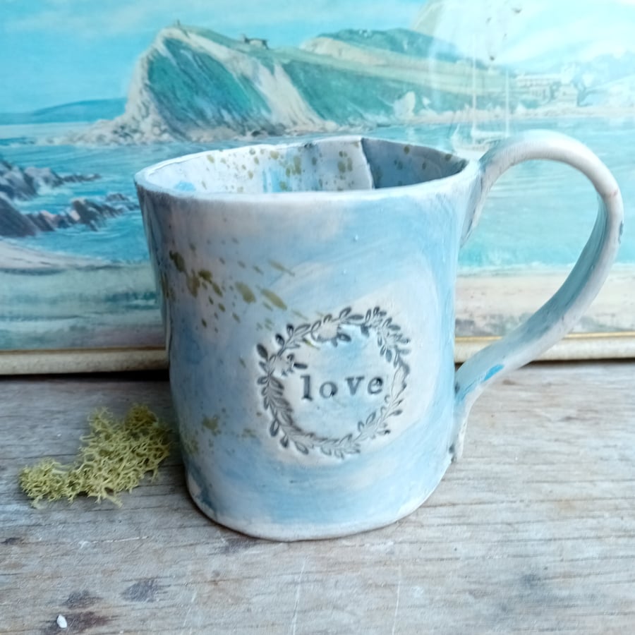 Ceramic handmade coffee mug pink blue sweary