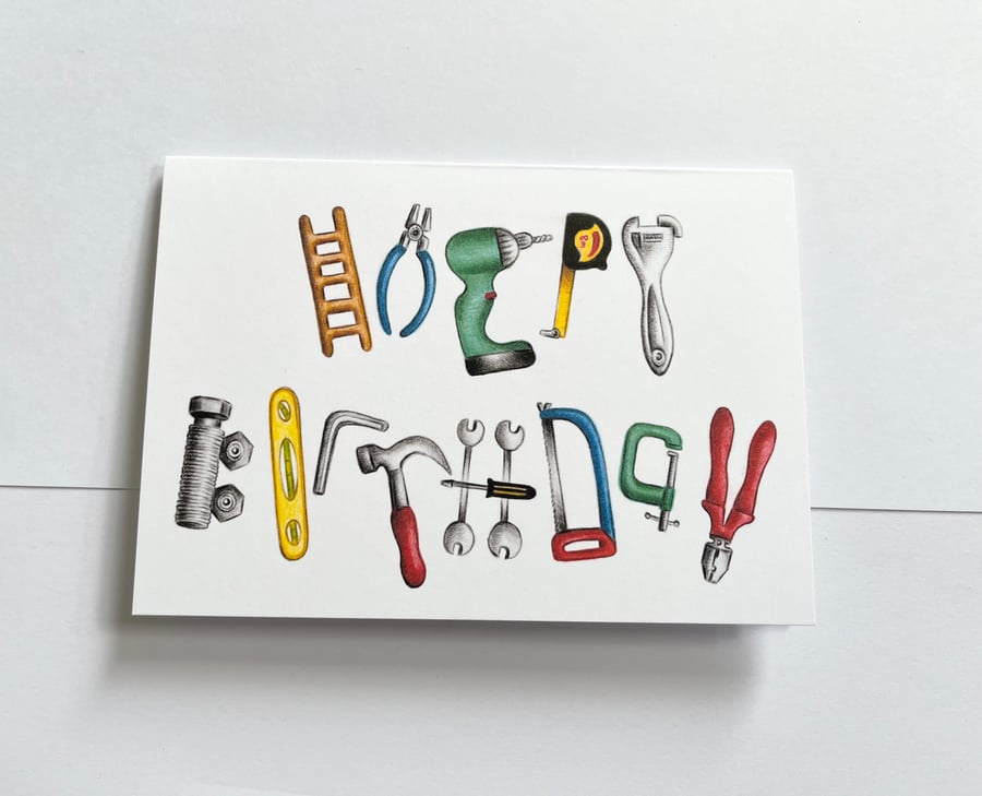 Birthday card for DIY fan - builders tools spelling out Happy Birthday