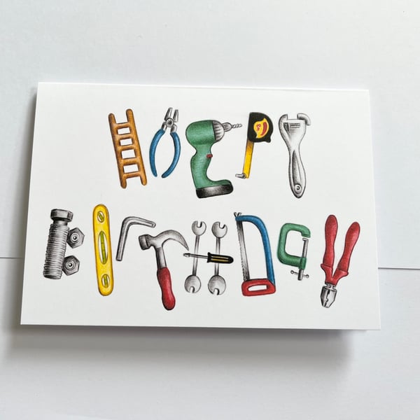 Birthday card for DIY fan - builders tools spelling out Happy Birthday