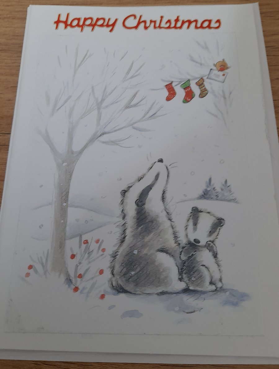 CUTE CHRISTMAS CARD WITH MR ROBBIN DELIVERING A CARD TO MAM AND BABY BADGER.