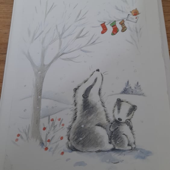 CUTE CHRISTMAS CARD WITH MR ROBBIN DELIVERING A CARD TO MAM AND BABY BADGER.