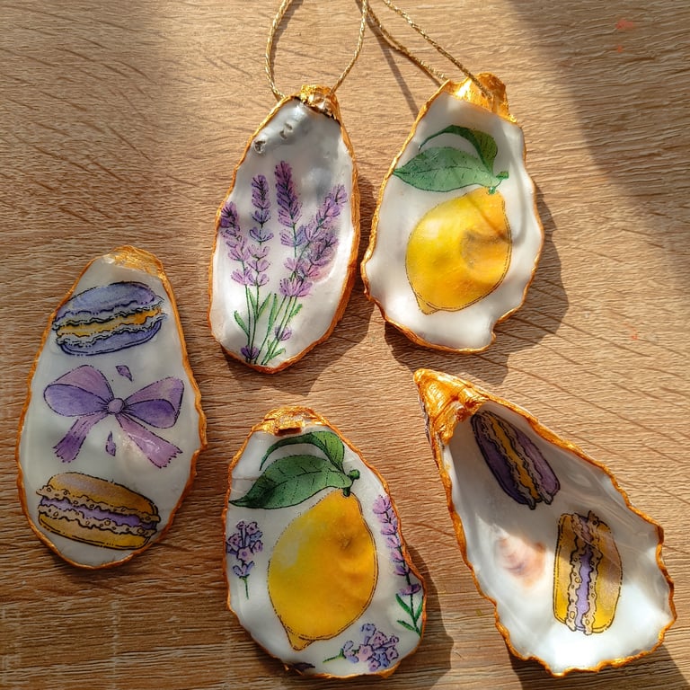 Five lemon and lavender themed hand-finished oyster shells 