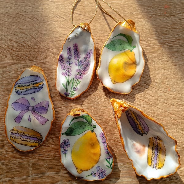 Five lemon and lavender themed hand-finished oyster shells 