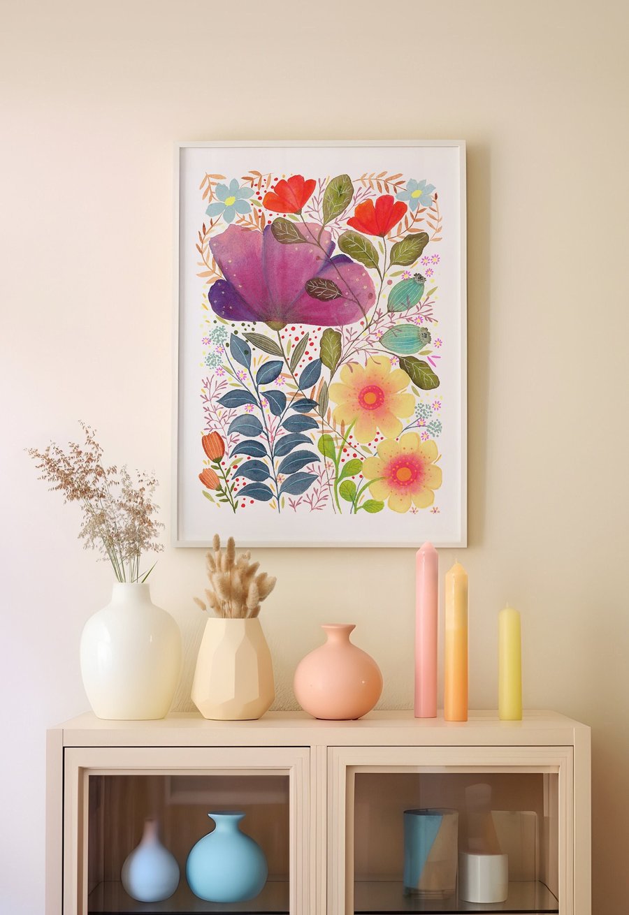 Floral wall art, Flowers, Watercolour floral print,A4 Art Print, Home Decor
