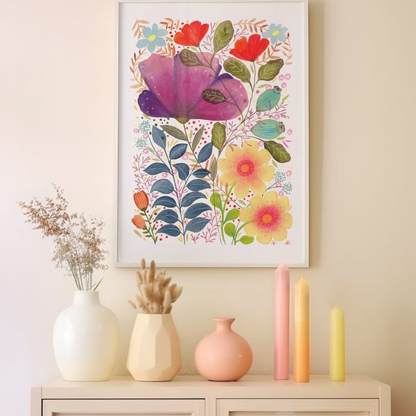 Floral wall art, Flowers, Watercolour floral print,A4 Art Print, Home Decor