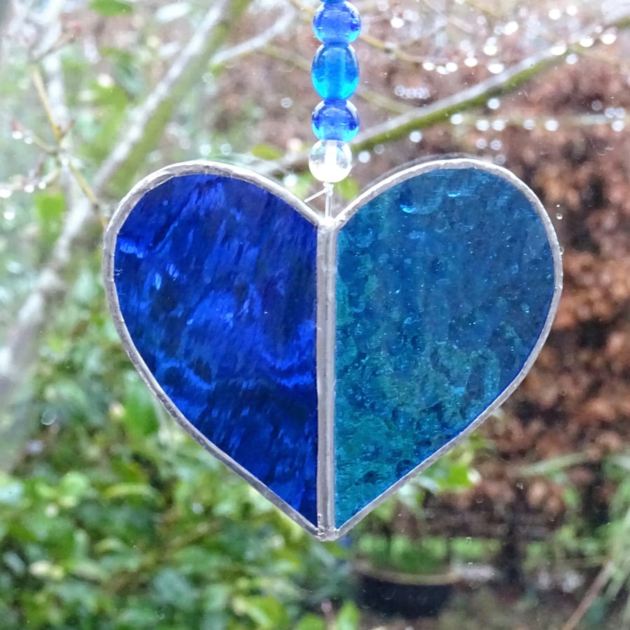 Stained Glass Small Heart Suncatcher - Handmade Decoration - Blue 