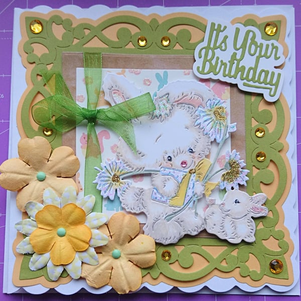 Birthday Card Cute Bunny Rabbits Glitter Gift Flowers 3D Luxury Handmade Card 