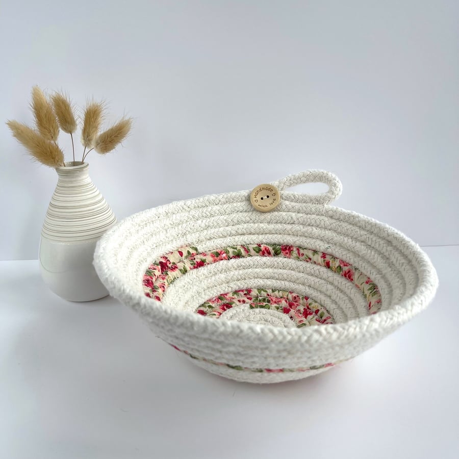 Coiled Rope Bowl with Pink Floral Fabric