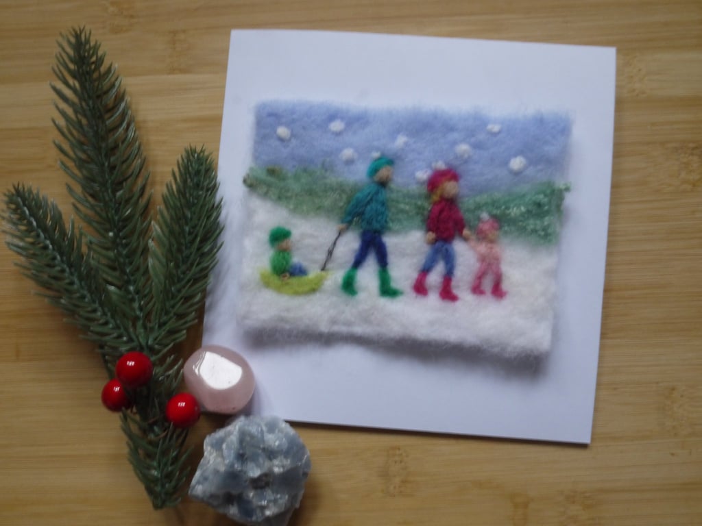 Needle felted Festive family walk greetings card