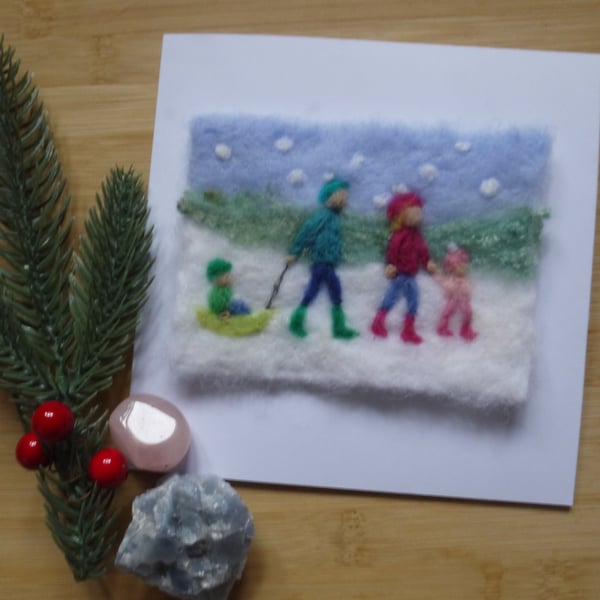 Needle felted Festive family walk greetings card