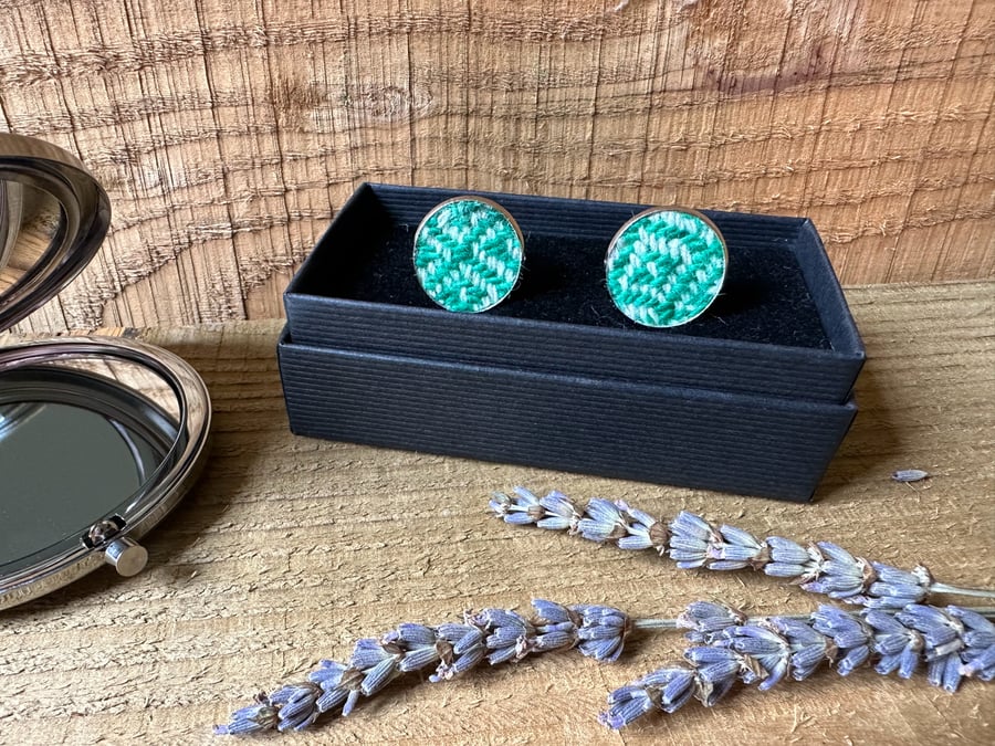 Cufflinks in Hand Dyed & Woven British Wool Turquoise Diamonds, Fathers Day Gift