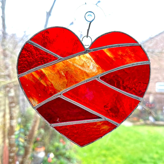 Stained Glass Patchwork Heart Suncatcher - Red
