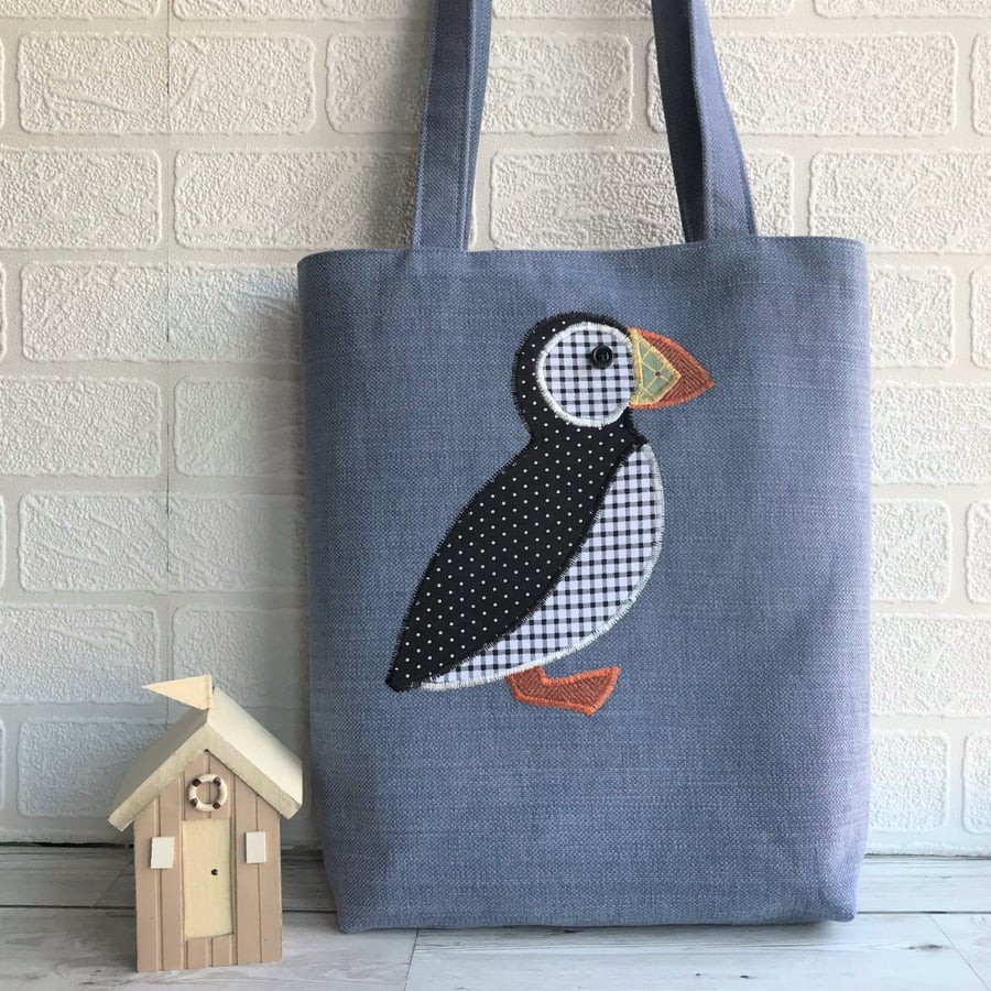 Puffin tote bag in blue with black and white checked and polka dot puffin