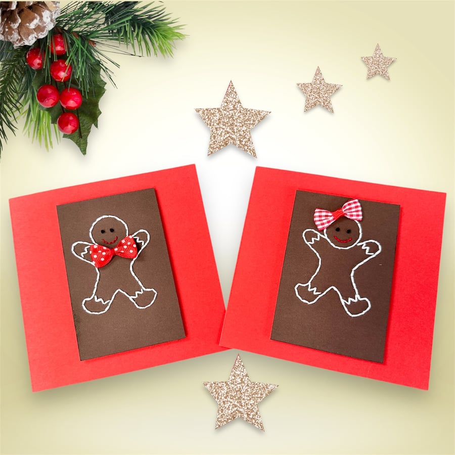 Christmas cards x 2 Mr and Mrs Gingerbread male and female, hand embroidered