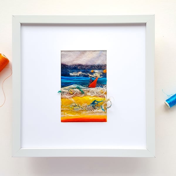 Coastal, textured, fabric landscape, of a stormy day, original, fibre painting