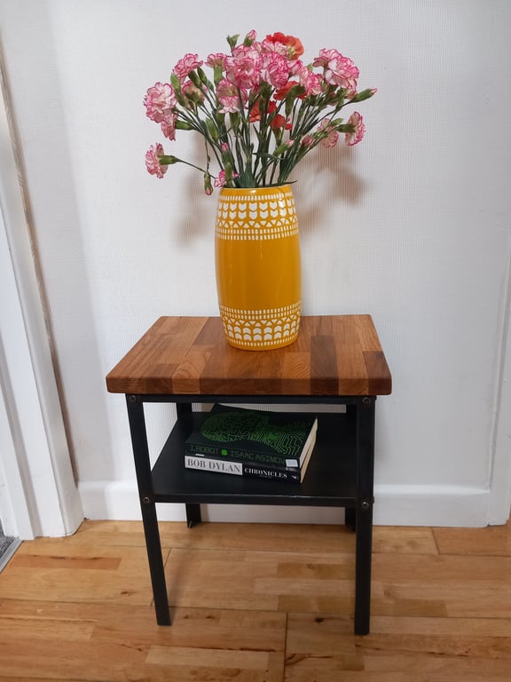 Vintage Metal Frame Side Table with Solid Oak Top