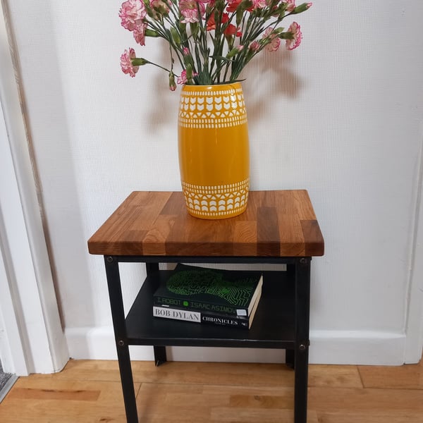 Vintage Metal Frame Side Table with Solid Oak Top